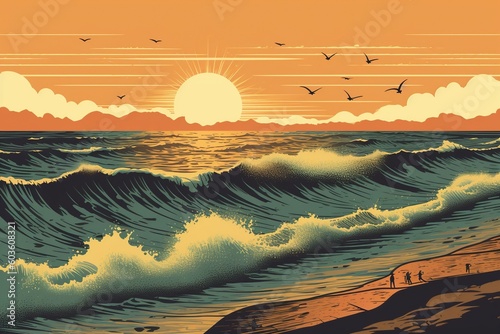 Sunset vintage retro style beach surf poster vector illustration © Walid
