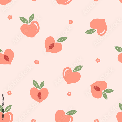Seamless pattern with heart shape peach fruit and green leaves on orange background vector illustration. Cute fruit print.