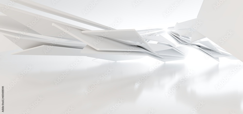 Luxury white abstract architectural minimalistic background. Contemporary showroom. Modern exhibition stand. Empty gallery. Backlight. Polygonal Graphic Design. 3D illustration and rendering.