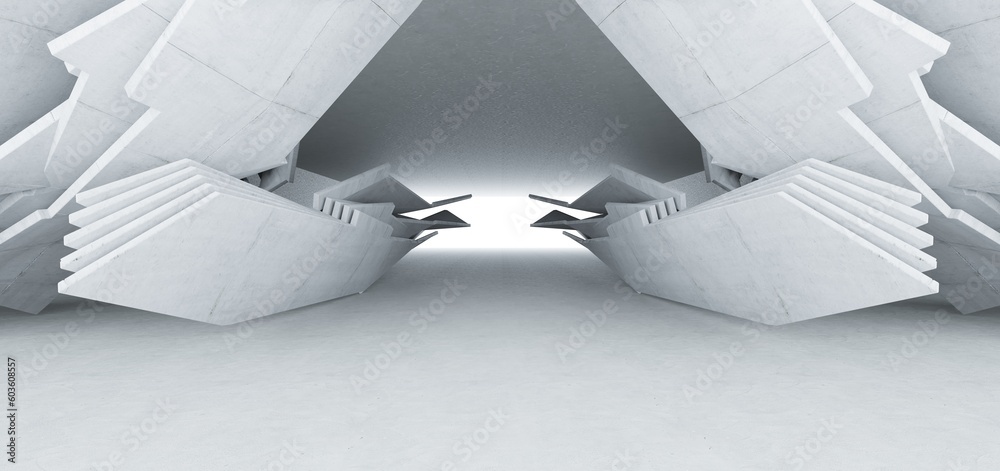 Abstract architectural minimalistic background. Contemporary showroom. Modern concrete exhibition tunnel. Empty gallery. Backlight. 3D illustration and rendering.