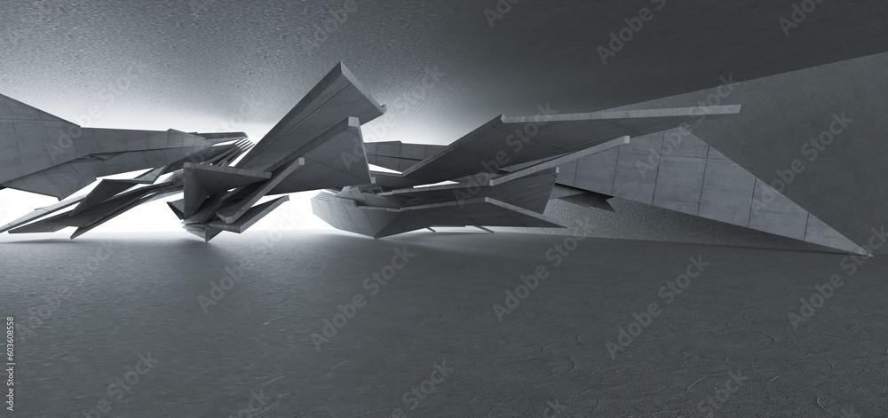 Abstract architectural minimalistic background. Contemporary showroom. Modern concrete exhibition tunnel. Empty gallery. Backlight. 3D illustration and rendering.