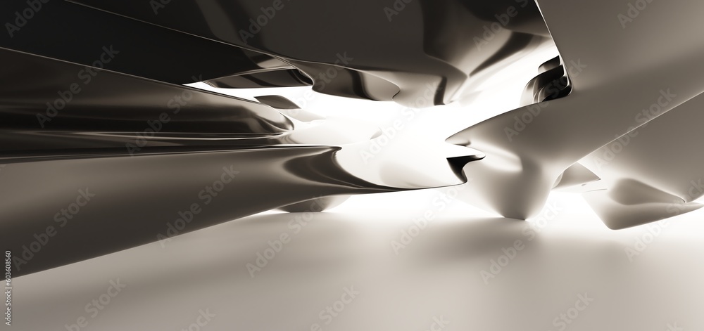 Luxury parametric abstract architectural minimalistic background. Contemporary showroom. Modern black exhibition tunnel. Empty gallery. Stand, table. Interior backlight. 3D illustration and rendering.