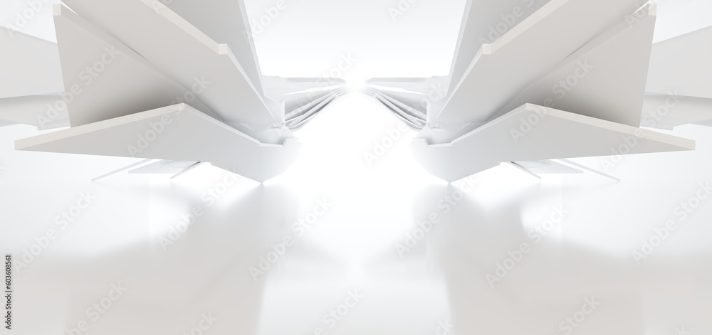 Luxury white abstract architectural minimalistic background. Contemporary showroom. Modern exhibition stand. Empty gallery. Backlight. Polygonal Graphic Design. 3D illustration and rendering.