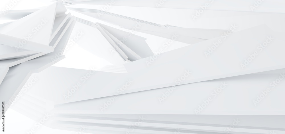 Luxury white abstract architectural minimalistic background. Contemporary showroom. Modern exhibition stand. Empty gallery. Backlight. Polygonal Graphic Design. 3D illustration and rendering.