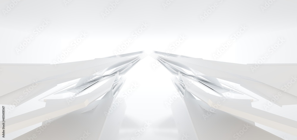 Luxury white abstract architectural minimalistic background. Contemporary showroom. Modern exhibition stand. Empty gallery. Backlight. Polygonal Graphic Design. 3D illustration and rendering.