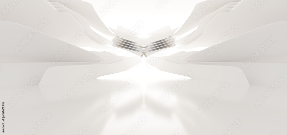 Luxury white abstract architectural minimalistic background. Contemporary showroom. Modern exhibition stand. Empty gallery. Backlight. Polygonal Graphic Design. 3D illustration and rendering.