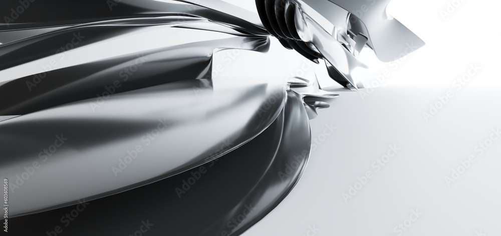 Luxury parametric abstract architectural minimalistic background. Contemporary showroom. Modern black exhibition tunnel. Empty gallery. Stand, table. Interior backlight. 3D illustration and rendering.