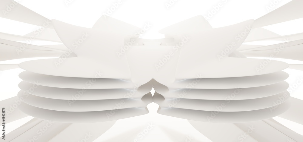 Luxury white abstract architectural minimalistic background. Contemporary showroom. Modern exhibition stand. Empty gallery. Backlight. Polygonal Graphic Design. 3D illustration and rendering.