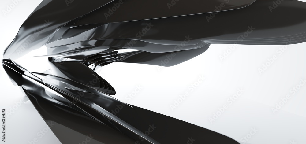 Luxury parametric abstract architectural minimalistic background. Contemporary showroom. Modern black exhibition tunnel. Empty gallery. Stand, table. Interior backlight. 3D illustration and rendering.