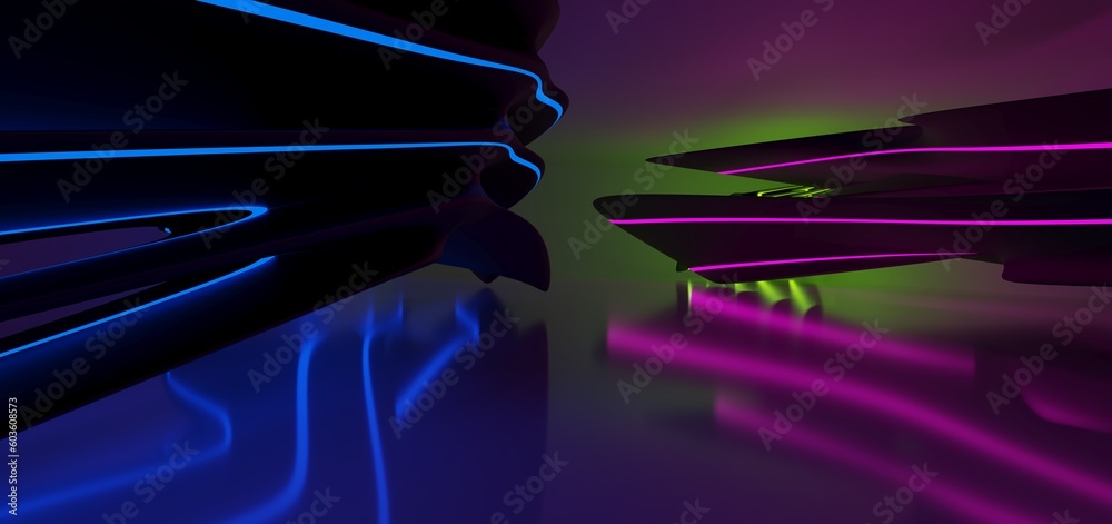 Abstract architectural minimalistic background. Laser show in the ultraviolet spectrum. Modern impulse tunnel. Futuristic space sci-fi frame neon backlight. 3D illustration and rendering.