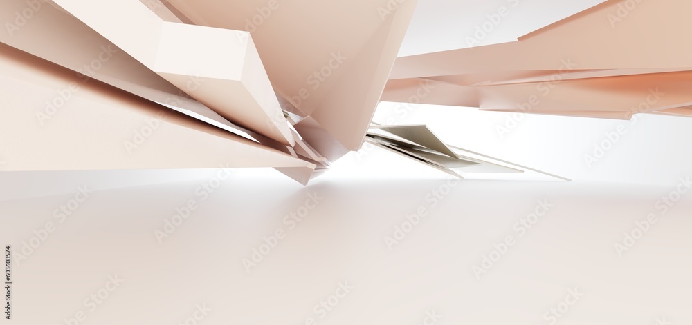 Luxury parametric abstract architectural minimalistic background. Contemporary showroom. Modern colored glass exhibition tunnel. Empty gallery. Backlight. 3D illustration and rendering.