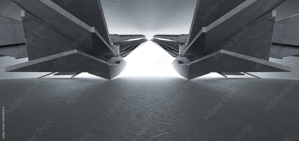 Abstract architectural minimalistic background. Contemporary showroom. Modern concrete exhibition tunnel. Empty gallery. Backlight. 3D illustration and rendering.