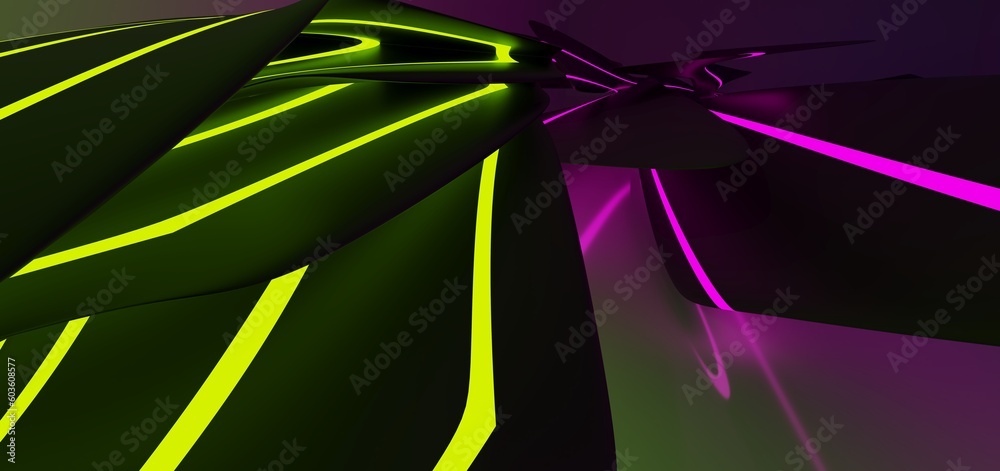 Abstract architectural minimalistic background. Laser show in the ultraviolet spectrum. Modern impulse tunnel. Futuristic space sci-fi frame neon backlight. 3D illustration and rendering.