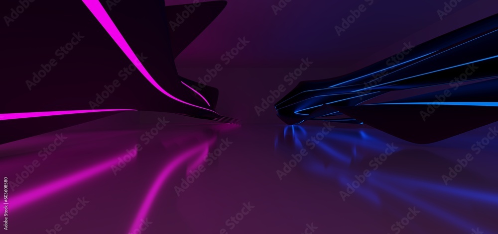 Abstract architectural minimalistic background. Laser show in the ultraviolet spectrum. Modern impulse tunnel. Futuristic space sci-fi frame neon backlight. 3D illustration and rendering.
