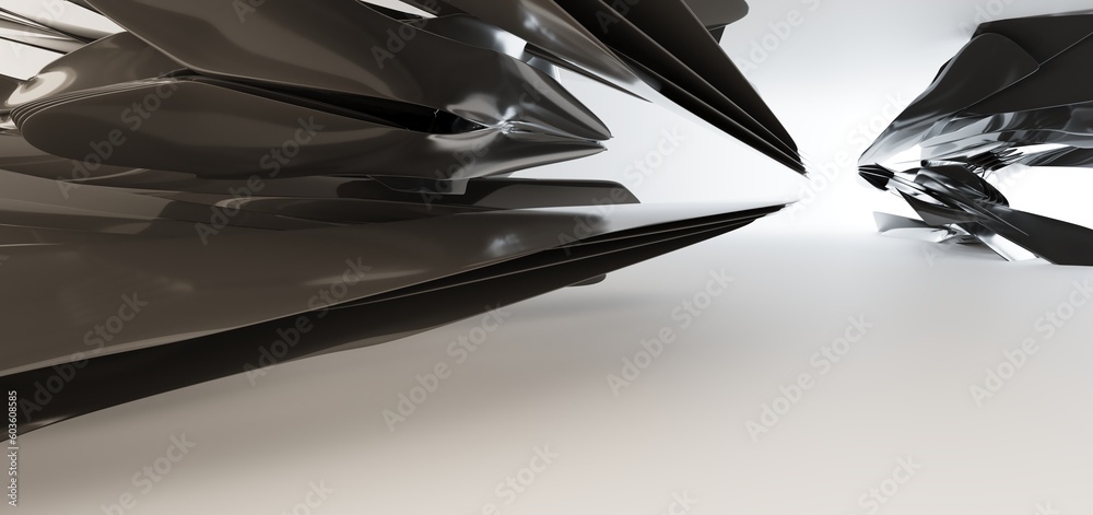 Luxury parametric abstract architectural minimalistic background. Contemporary showroom. Modern black exhibition tunnel. Empty gallery. Stand, table. Interior backlight. 3D illustration and rendering.