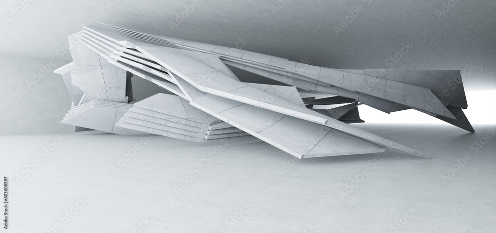Abstract architectural minimalistic background. Contemporary showroom. Modern concrete exhibition tunnel. Empty gallery. Backlight. 3D illustration and rendering.
