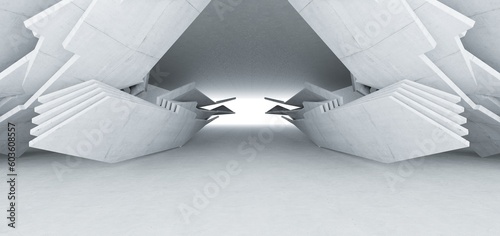 Abstract architectural minimalistic background. Contemporary showroom. Modern concrete exhibition tunnel. Empty gallery. Backlight. 3D illustration and rendering.