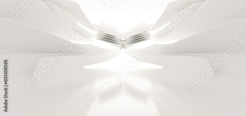 Obraz na płótnie Luxury white abstract architectural minimalistic background. Contemporary showroom. Modern exhibition stand. Empty gallery. Backlight. Polygonal Graphic Design. 3D illustration and rendering. w salonie