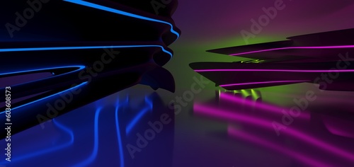 Obraz na płótnie Abstract architectural minimalistic background. Laser show in the ultraviolet spectrum. Modern impulse tunnel. Futuristic space sci-fi frame neon backlight. 3D illustration and rendering. w salonie