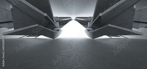 Abstract architectural minimalistic background. Contemporary showroom. Modern concrete exhibition tunnel. Empty gallery. Backlight. 3D illustration and rendering.