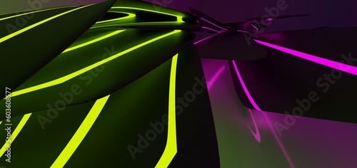 Obraz na płótnie Abstract architectural minimalistic background. Laser show in the ultraviolet spectrum. Modern impulse tunnel. Futuristic space sci-fi frame neon backlight. 3D illustration and rendering. w salonie