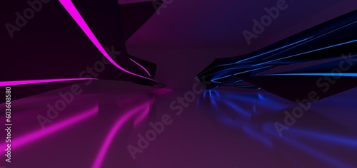 Obraz na płótnie Abstract architectural minimalistic background. Laser show in the ultraviolet spectrum. Modern impulse tunnel. Futuristic space sci-fi frame neon backlight. 3D illustration and rendering. w salonie