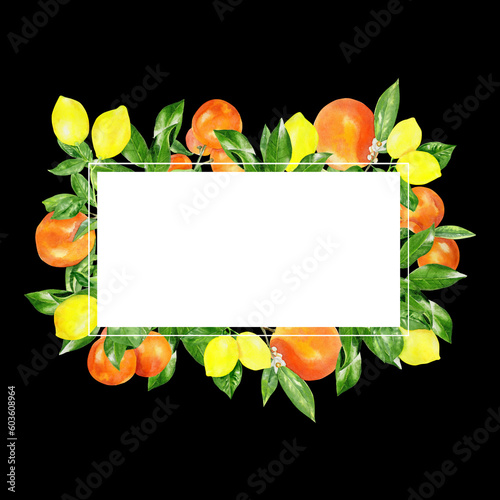 Handpainted watercolor frame with lemons and oranges