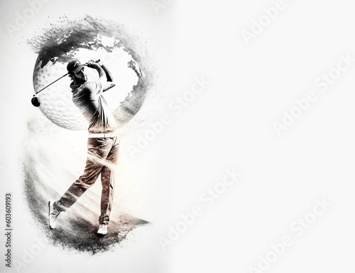 Golf sport player swing action and ball, monochrome drawing horizontal banner for tournament with copy space on white. Generative AI illustration