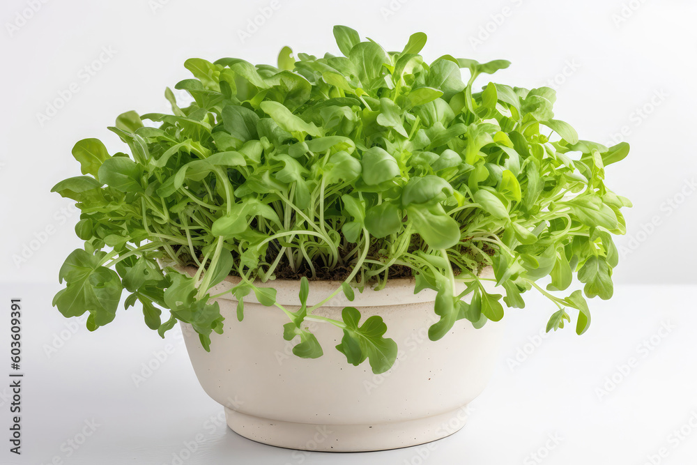 Arugula Salad Growing In White Pot On White Background. Generative AI