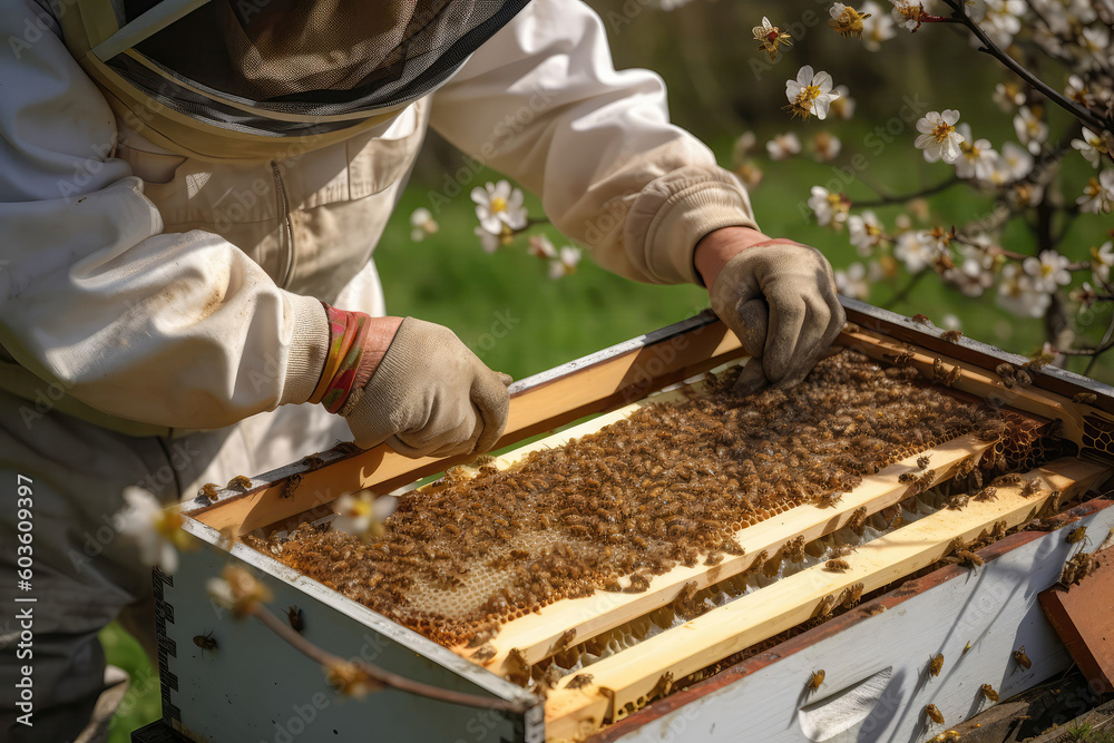 Beekeeper Delicately Transferring Bees Into Portable Observation Hive. Generative AI Beekeeper Delicately Transferring Bees Into Portable Observation Hive. Generative AI
