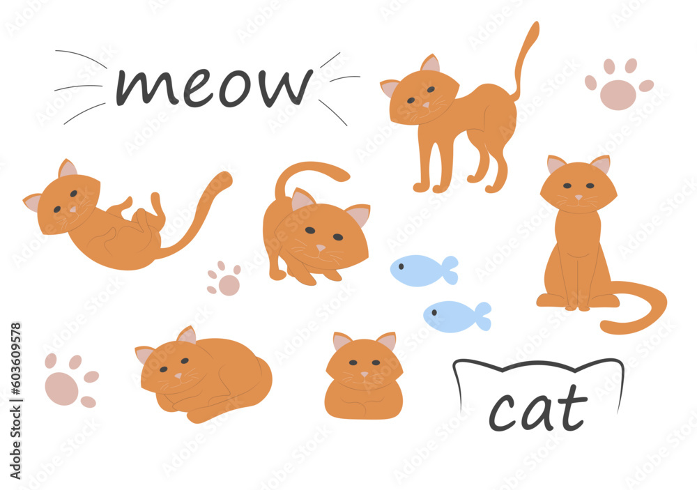 cute cat in different poses. Vector cartoon flat illustration. A red cat on a white background. cute cat in different poses. Vector cartoon flat illustration. A red cat on a white background.