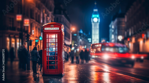 London streetscape at night. City blurred lights reflected in the wet streets. Red London phone box in the foreground. Generative AI