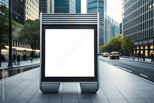 Bus stop billboard for outdoor advertising, Blank white mock up of vertical light box in a bus stop, Blank advertising panel on a street, Generative AI