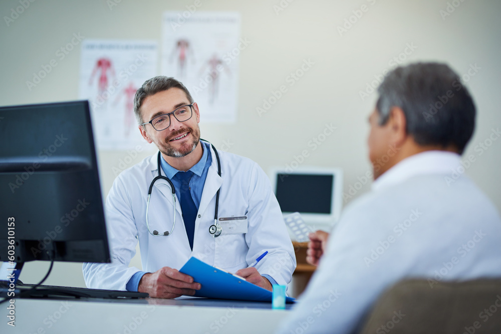 Doctor, senior man and office consultation for healthcare service, writing notes and listening to health problem. Helping, advice and medical professional on folder, report and chart of patient care