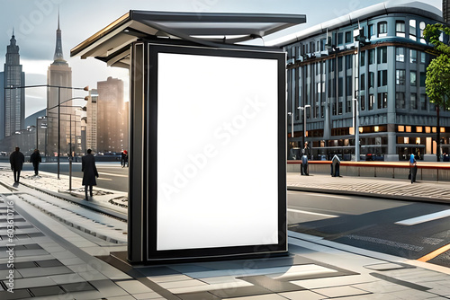 Bus stop billboard for outdoor advertising, Blank white mock up of vertical light box in a bus stop, Blank advertising panel on a street,  Generative AI