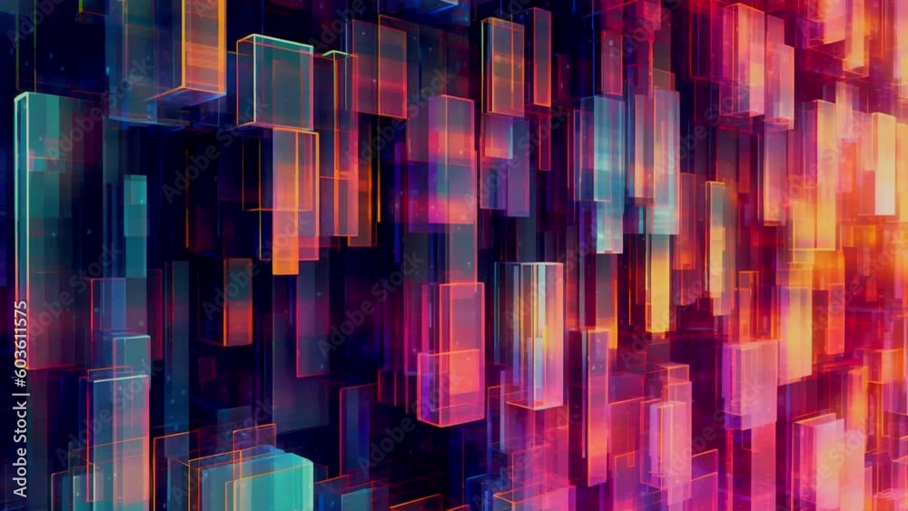 Fast streaming big data concept background. Structure of many neon rectangles. Computer generated abstract background render.