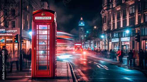 London streetscape at night. City blurred lights reflected in the wet streets. Red London phone box in the foreground. Generative AI