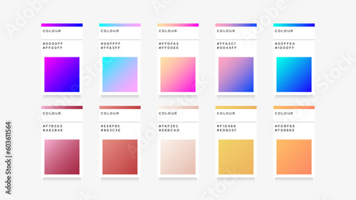 Beautiful gradient color palette catalog samples in hex neon and pastel rgb colour fit for baby birthday, newborn, tech, child birthday, autumn, ect.