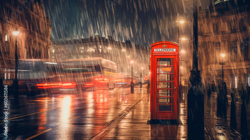 London streetscape at night. City blurred lights reflected in the wet streets. Red London phone box in the foreground. Generative AI