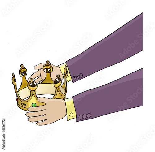 hand and crown, color cartoon illustration, white background