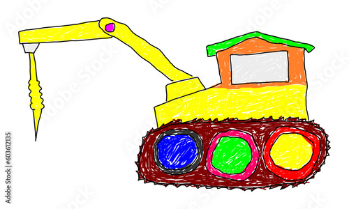 IIlustration of children's painting of colorful breaker excavator. Suitable for kids education, painting's video, seemless pattern, children clothes, or your graphic resource.