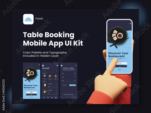 Set Of UI, UX, GUI Screens Table Booking App Including As Sign In, Sign Up, Menu, Reserved Table For Mobile Application or Responsive Website.