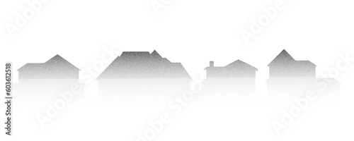 Neighborhood houses stipple panoramic landscape. Buildings drawing silhouette with dotted gradient. Minimalistic vector illustration.