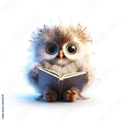 Cute baby owl reading book  a cute animal character. Generative AI.