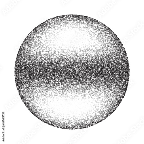 Grainy circle with noise dotted texture. Gradient ball with shadow on white background. Abstract planet sphere with halftone stipple effect. Vector shape
