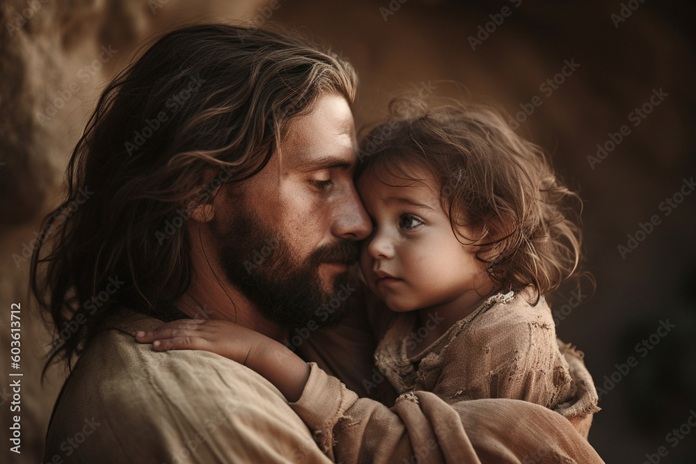 A tender and emotional still of Jesus embracing a child, capturing the love and compassion in his eyes Generative AI