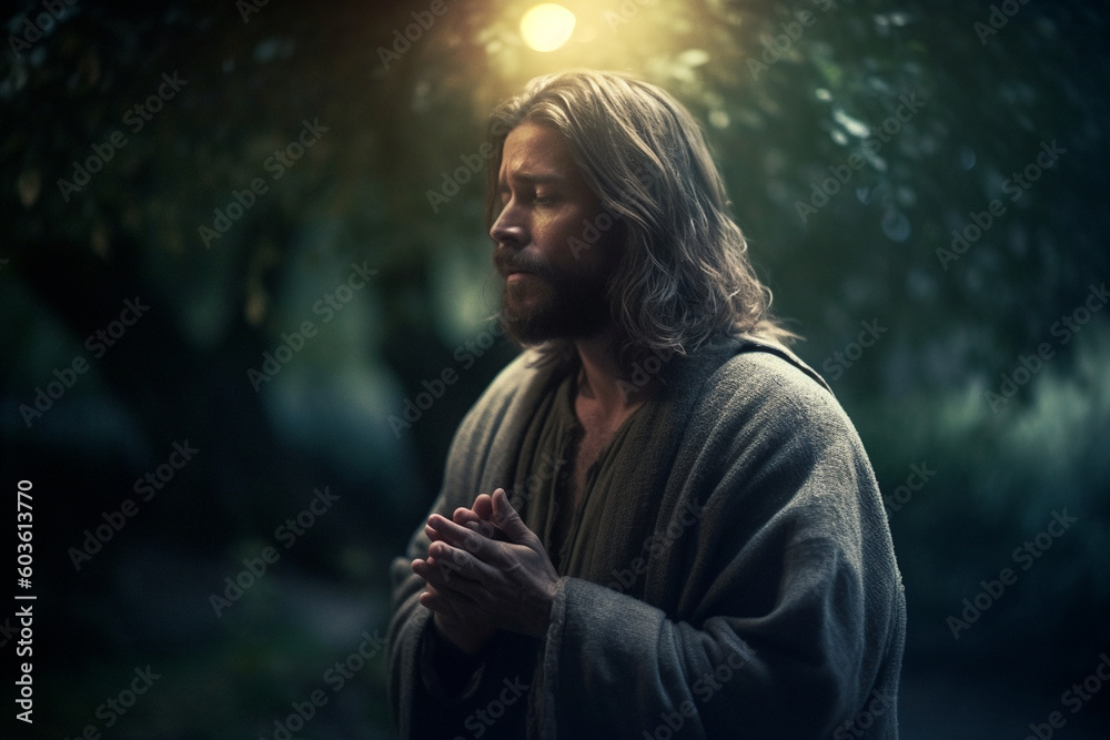 A serene and contemplative still of Jesus praying in the Garden of Gethsemane, bathed in soft moonlight, bokeh Generative AI
