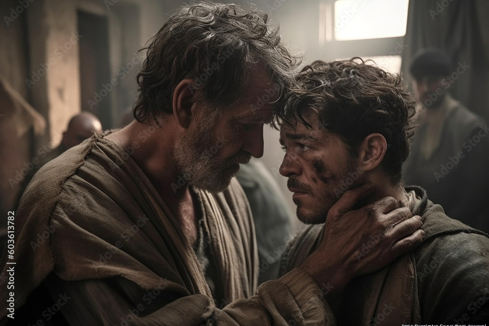 Fototapeta premium A poignant still capturing the tenderness and forgiveness as the Prodigal Son is welcomed back by his father, tears streaming down their faces Generative AI