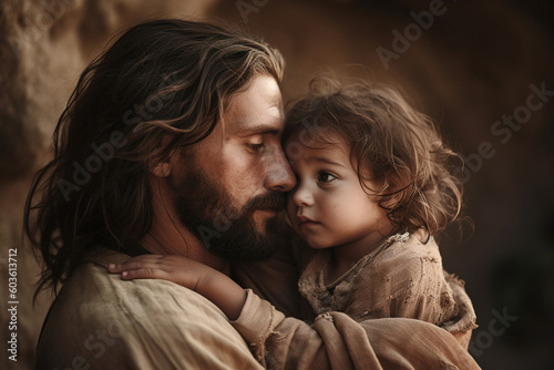 A tender and emotional still of Jesus embracing a child, capturing the love and compassion in his eyes Generative AI © Катерина Євтехова