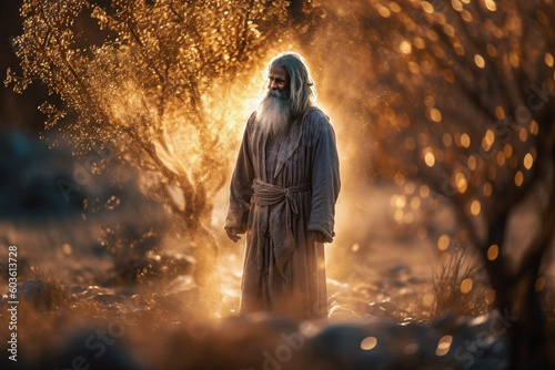 A dramatic shot of Moses standing before the burning bush, his face illuminated by the divine presence, bokeh Generative AI